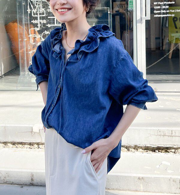 Rie Miller「【RM denim】フリルギャザーデニムブラウス」|シャツ・ブラウス|