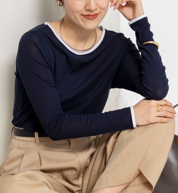 NOLLEY'S「ウォッシャブルシアー配色ロンＴ」|Tシャツ・カットソー|ネイビー