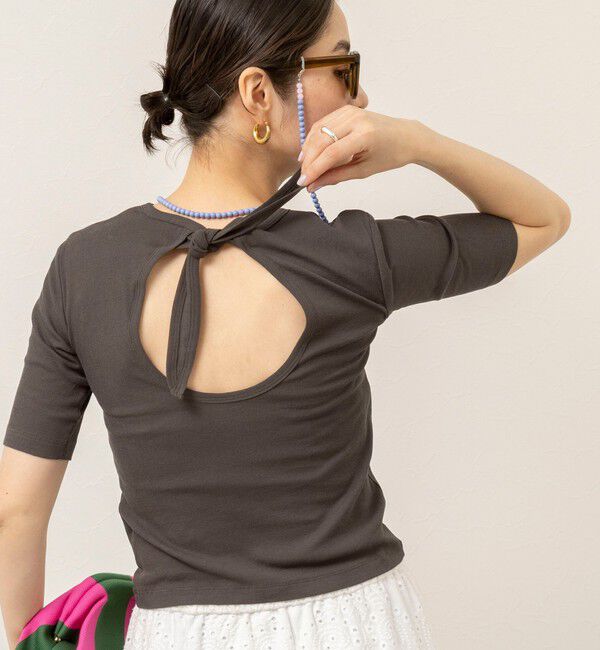 MAQWEL「【MAQWEL/マクウェル】ウォッシャブルバックリボン五分袖プルオーバー」|Tシャツ・カットソー|