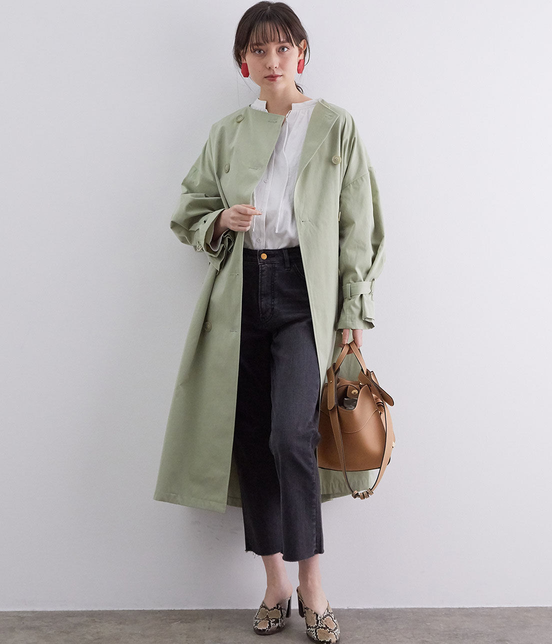 VIS「【撥水】【花粉ガード】ノーカラー袖ボリュームコート」|トレンチコート|