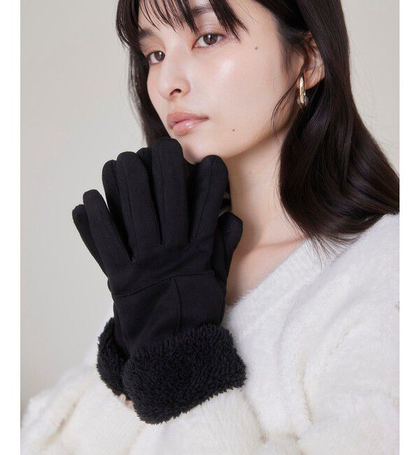 VIS「スマホタッチ刺繍付きムートングローブ」|手袋|ブラック(01)