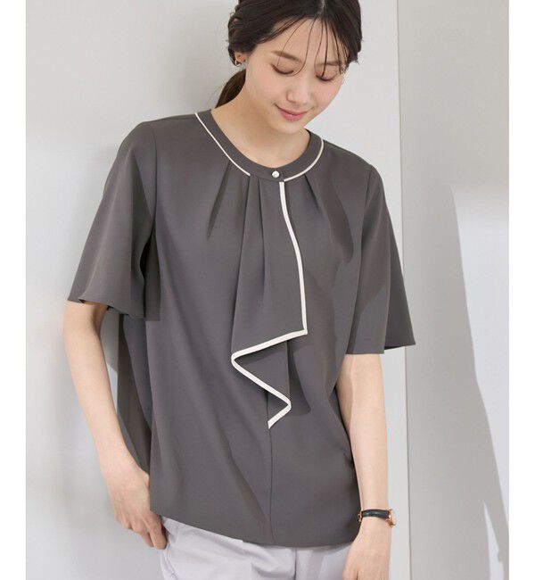 Rope&rsquo;Picnic「【WEB限定サイズ】配色ボウタイ風ハーフスリーブブラウス/通勤対応」|シャツ・ブラウス|チャコール(06)