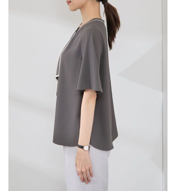 Rope&rsquo;Picnic「【WEB限定サイズ】配色ボウタイ風ハーフスリーブブラウス/通勤対応」|シャツ・ブラウス|