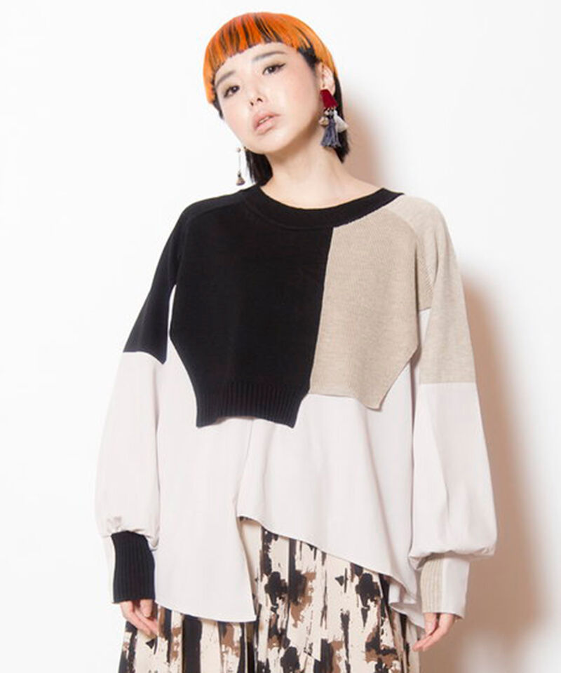  「切替レイヤードニットプルオーバー」|Tシャツ・カットソー|BLACK