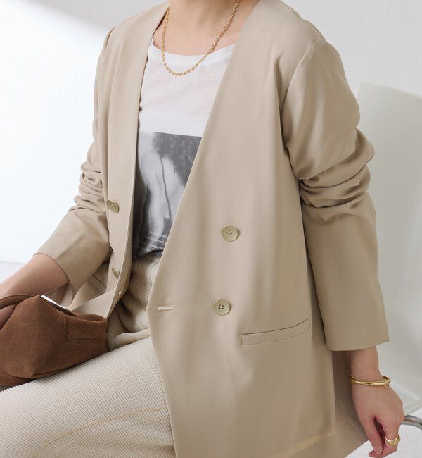  「《自宅で洗える》ジャージノーカラーダブルジャケット/セレモニー」|スーツ|ベージュ