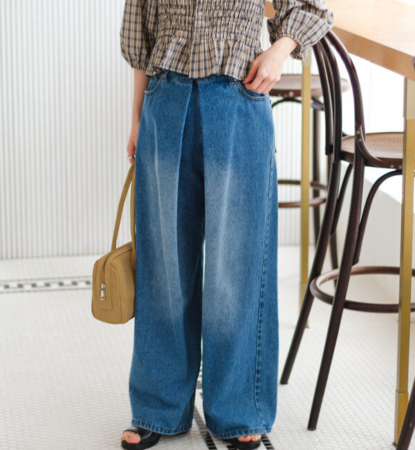  「【3サイズ】デニムタックワイドパンツ」|デニム|