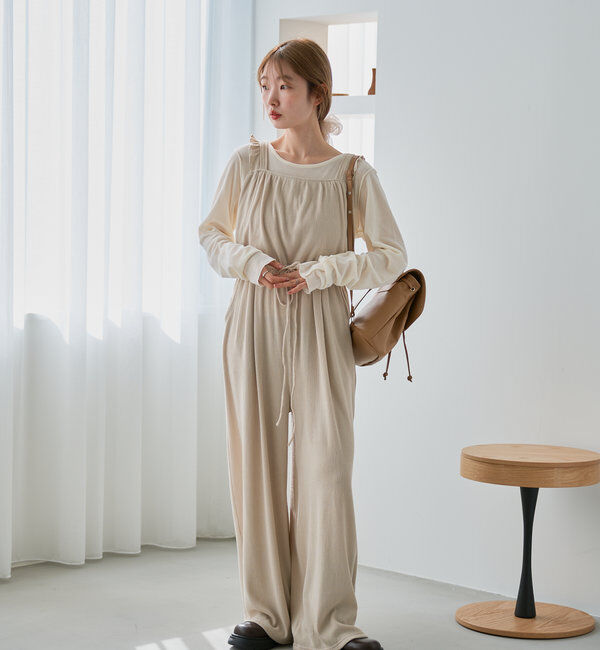  「【2サイズ展開/低身長サイズ/着丈調節可】フリルサロペット」|オールインワン|