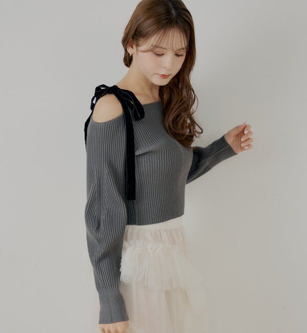  「肩リボンオフショルリブニット」|ニット・セーター|