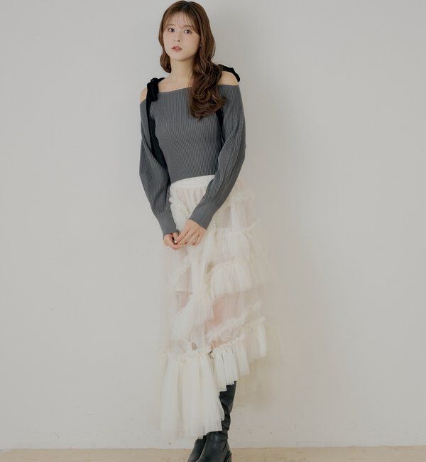  「肩リボンオフショルリブニット」|ニット・セーター|