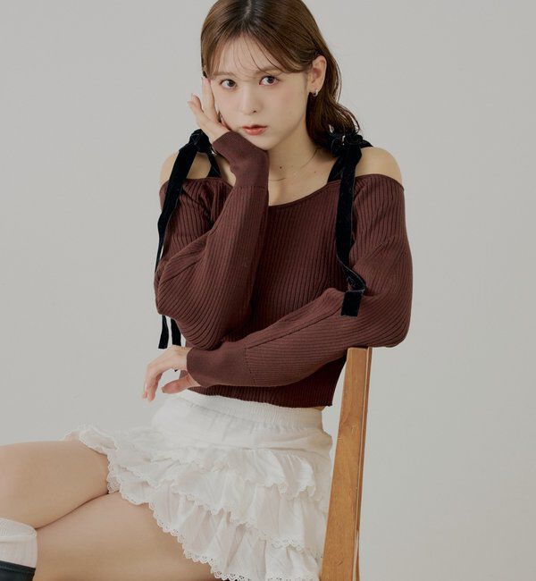  「肩リボンオフショルリブニット」|ニット・セーター|ブラウン