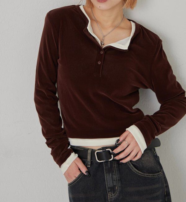  「フロッキーメッシュ ヘンリートップス」|Tシャツ・カットソー|ダークブラウン