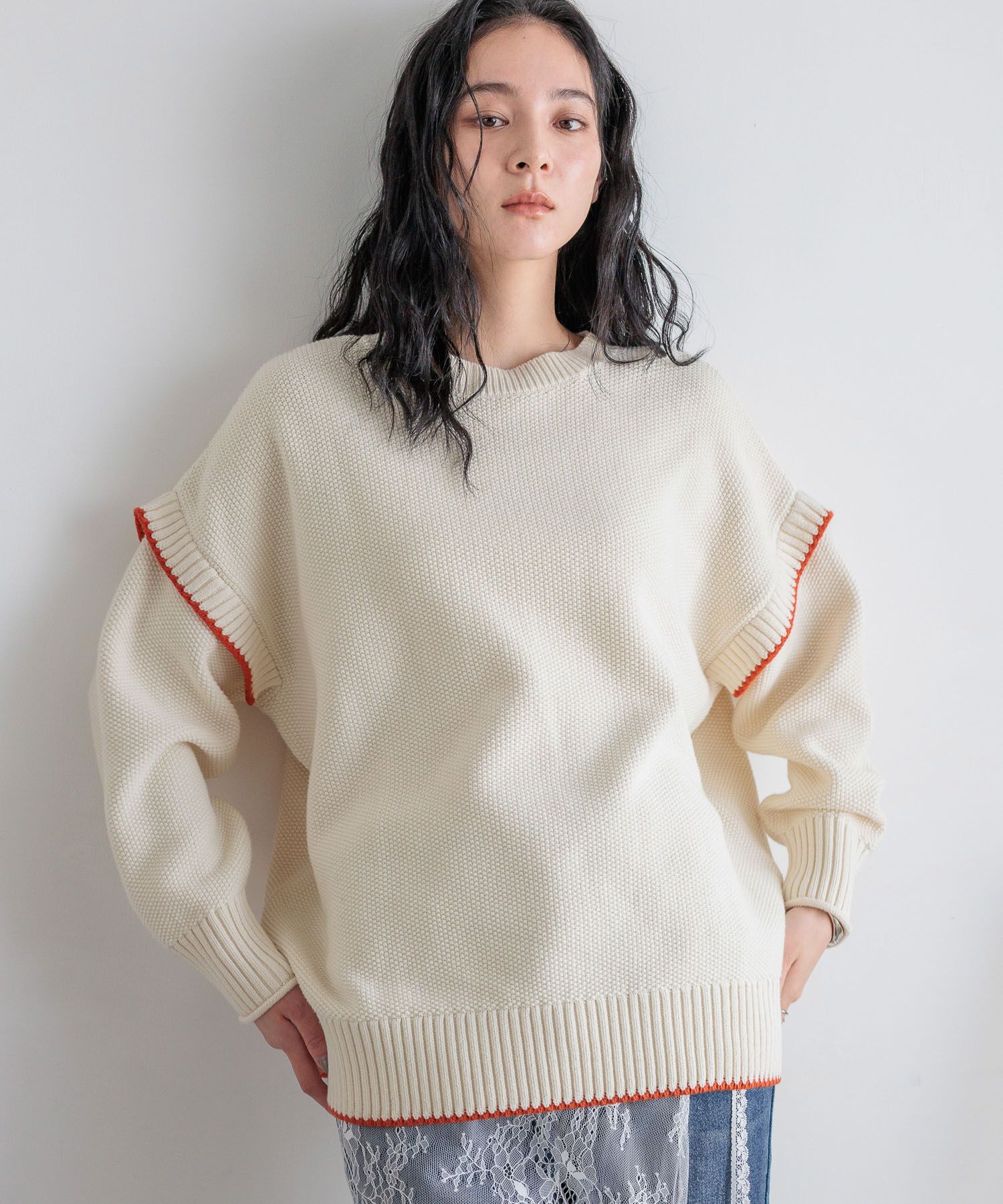 LOWRYS FARM「【前後着用可能】２ＷＡＹハイショクステッチプルオーバー」|ニット・セーター|オフ