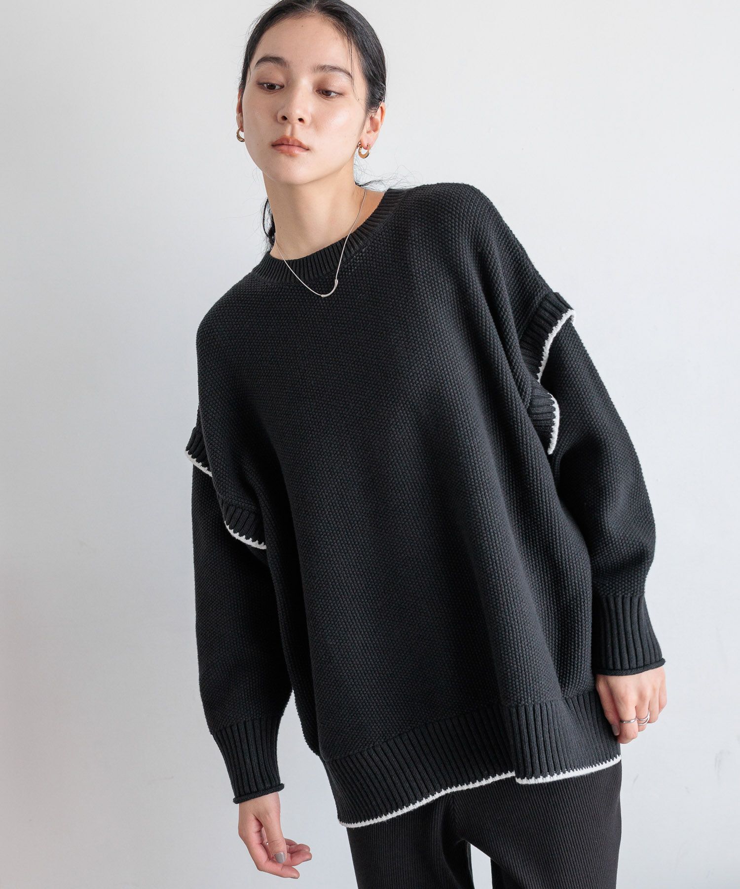 LOWRYS FARM「【前後着用可能】２ＷＡＹハイショクステッチプルオーバー」|ニット・セーター|ブラック