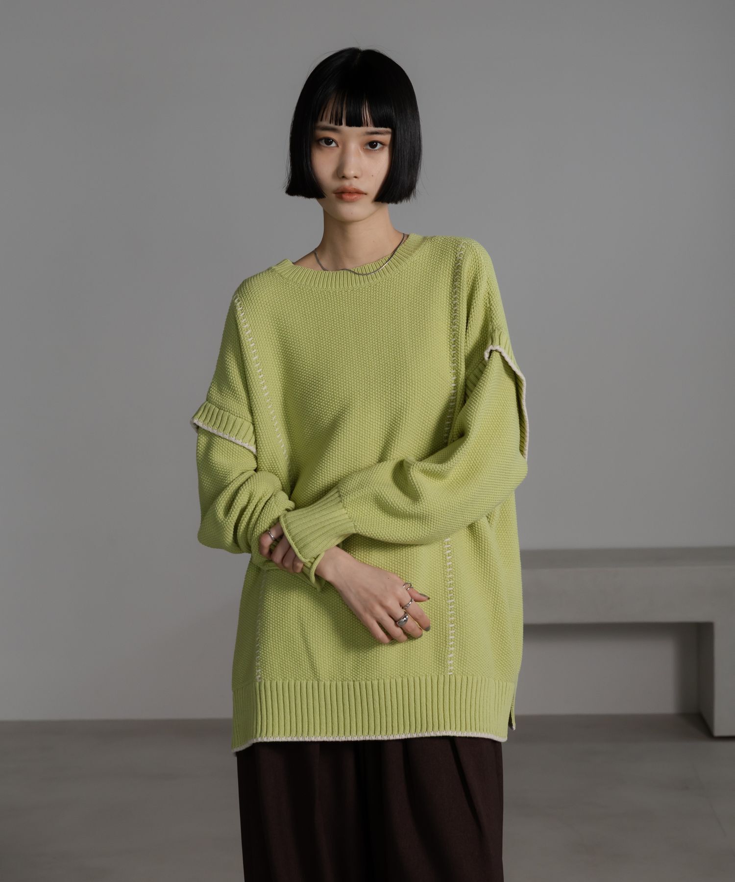 LOWRYS FARM「【前後着用可能】２ＷＡＹハイショクステッチプルオーバー」|ニット・セーター|グリーン２