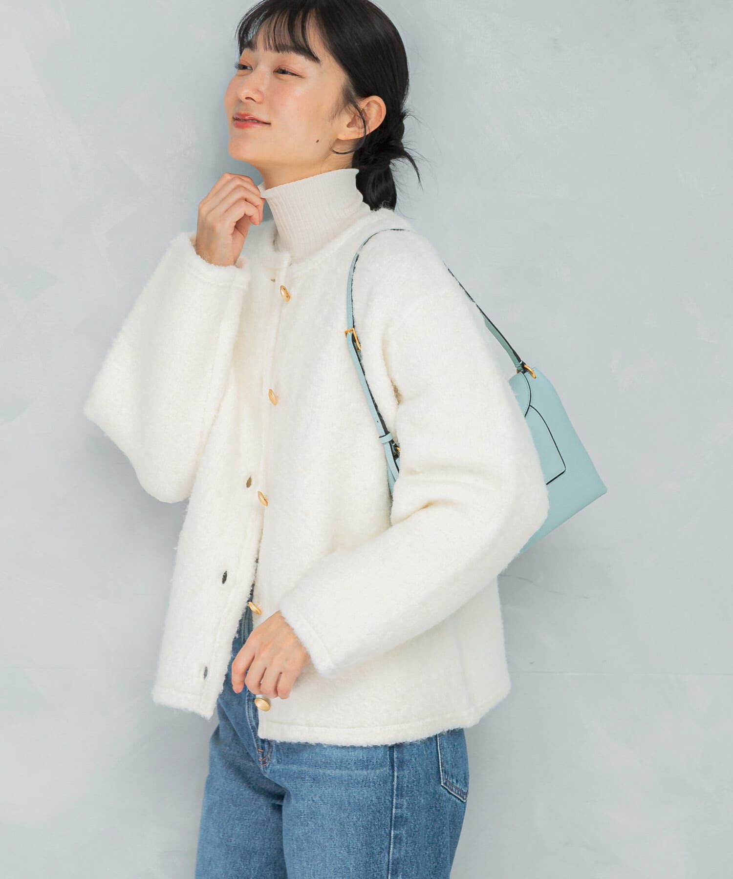 URBAN RESEARCH ROSSO「『WEB/一部店舗限定』ウール混ブークレニットジャケット」|ノーカラーコート|オフホワイト