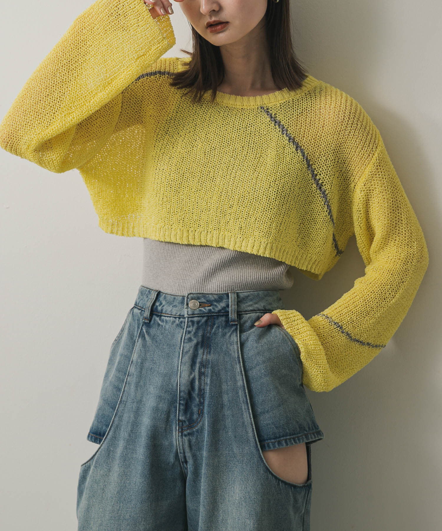 SENSE OF PLACE by URBAN RESEARCH「メッシュクロップドステッチセーター」|ニット・セーター|イエロー