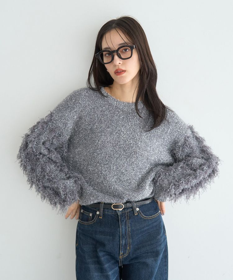 YECCA VECCA「ラメフェザー袖フリンジニット」|ニット・セーター|Charcoal Gray