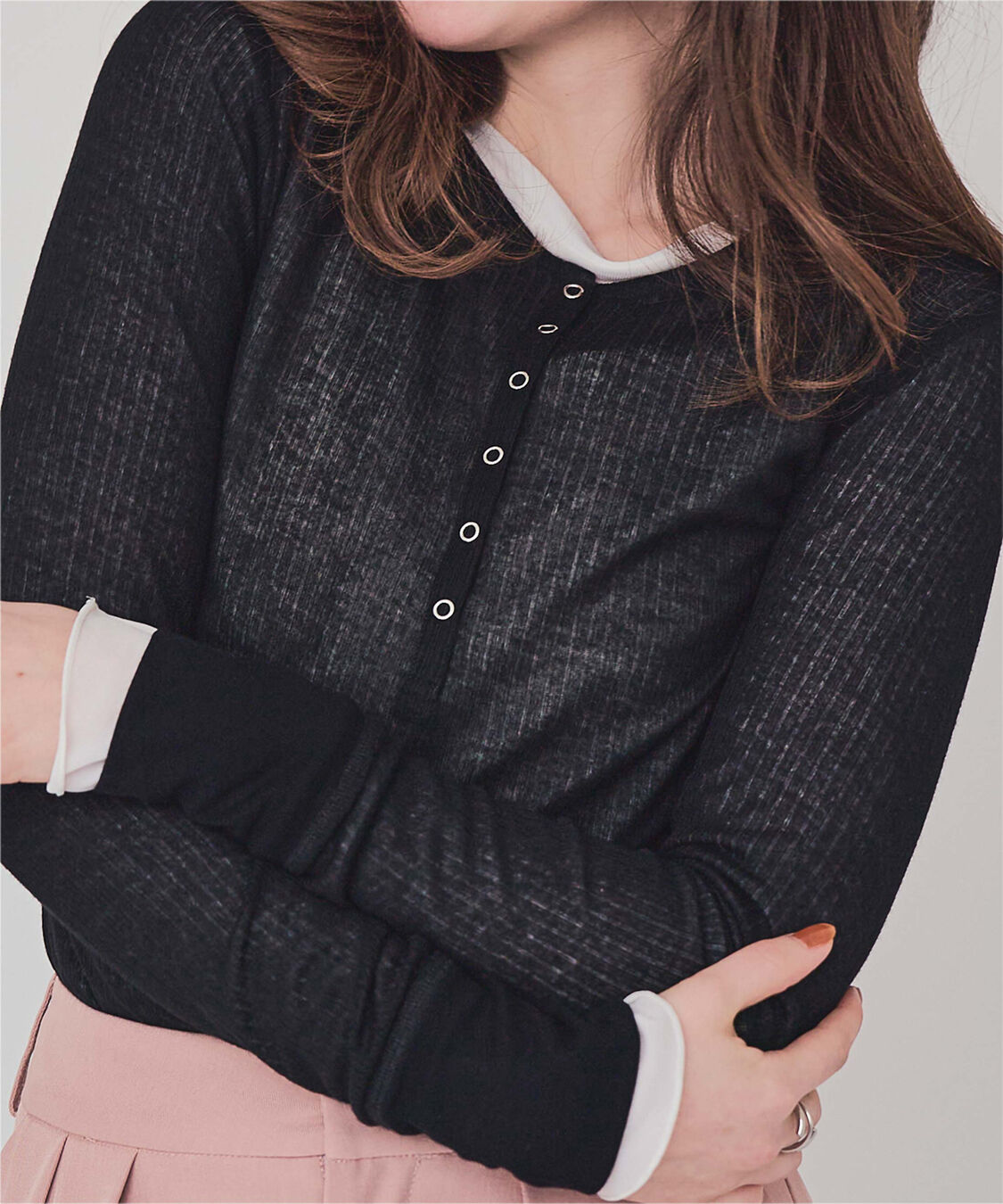 titivate「シアーテレコヘンリーネックトップス」|Tシャツ・カットソー|ブラック