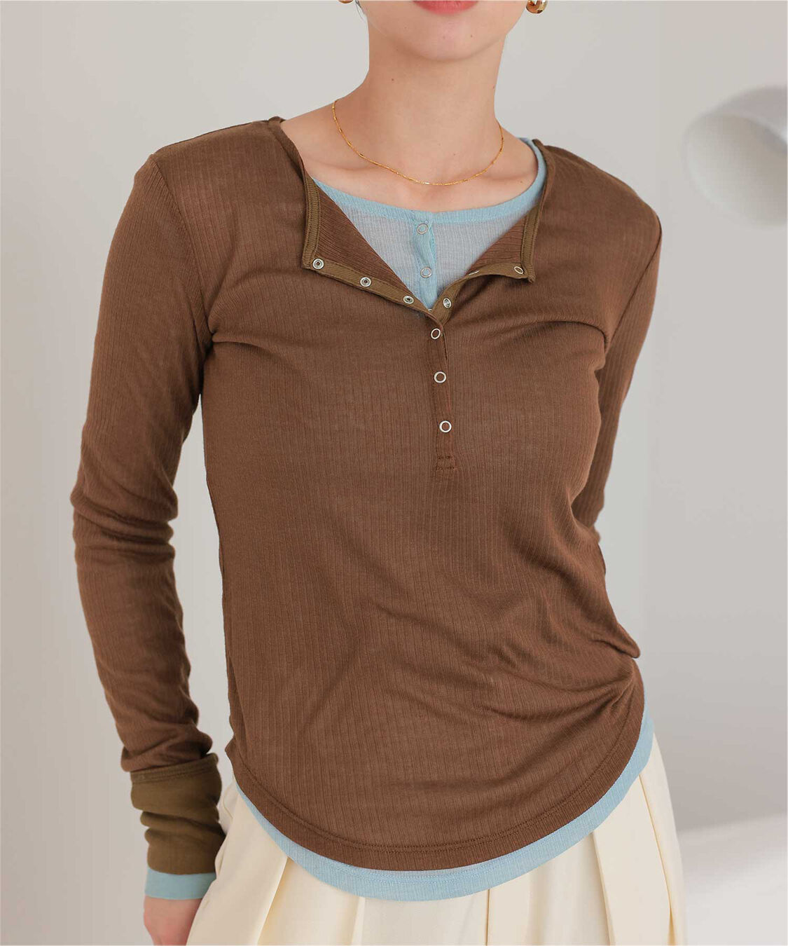 titivate「シアーテレコヘンリーネックトップス」|Tシャツ・カットソー|ブラウン