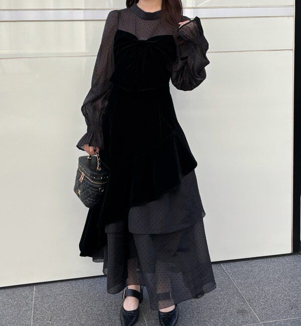  「ベロアリボン異素材ロングワンピース」|ワンピース|