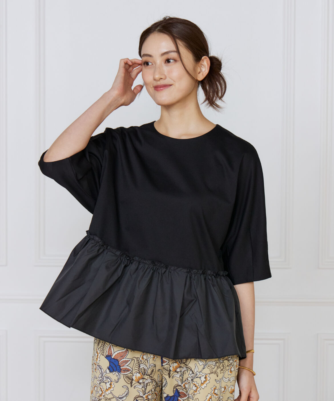 Le Souk「異素材フリルカットプルオーバー」|Tシャツ・カットソー|ブラック