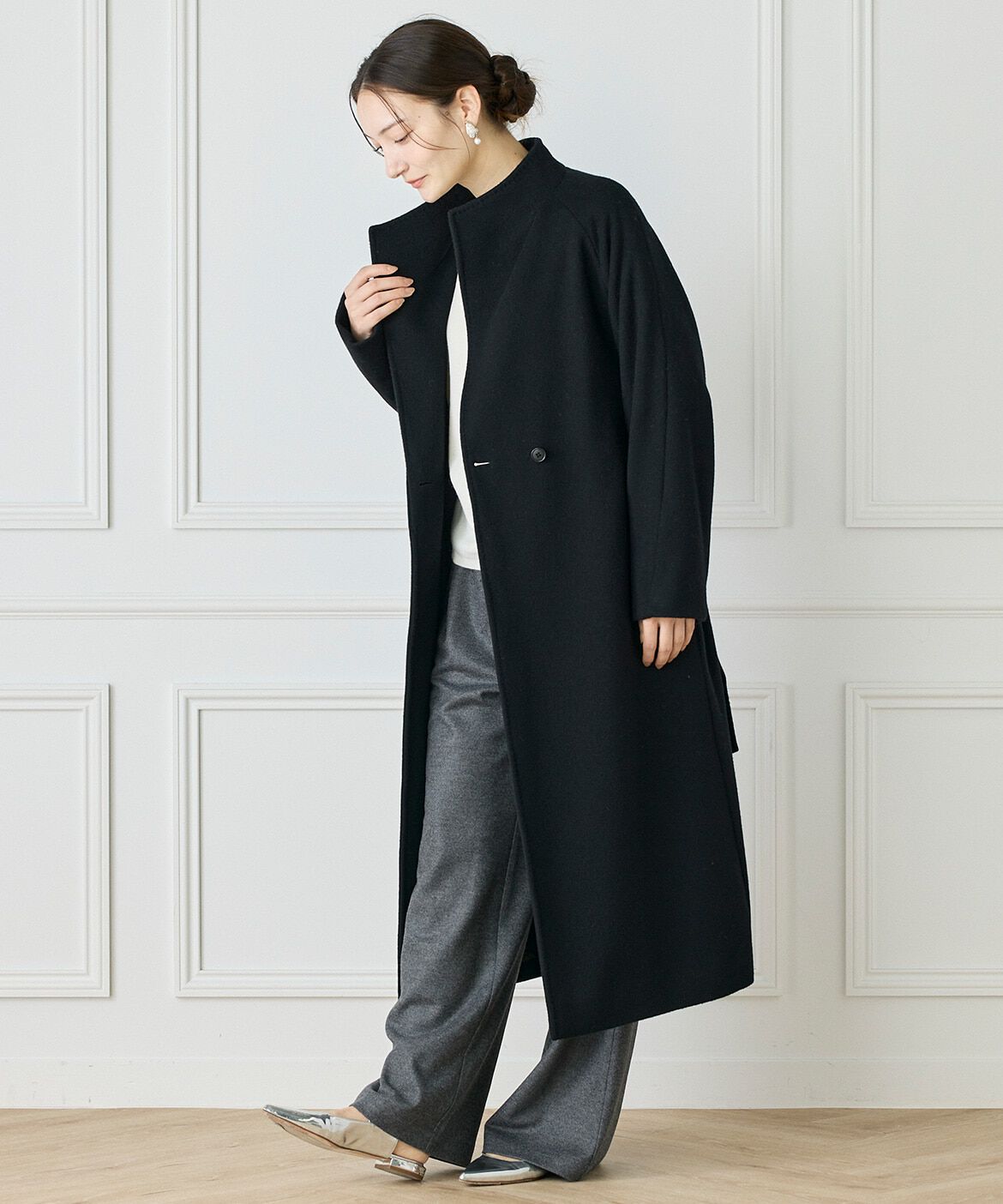 INED「スタンドカラーラグランスリーブコート」|ステンカラーコート|
