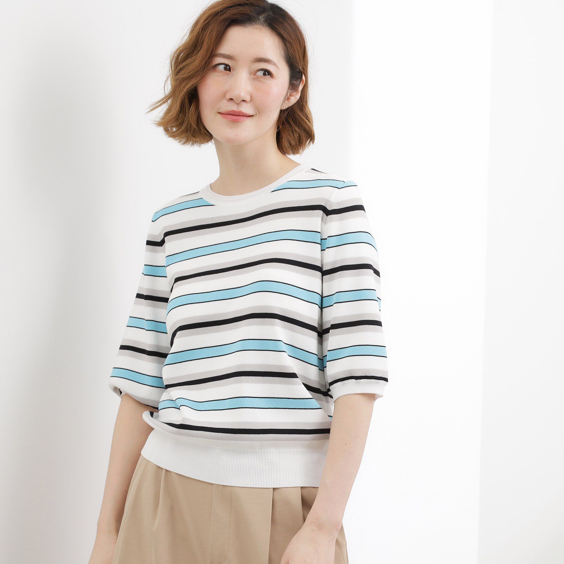 grove「【貴島明日香さん着用・シリーズ累計34万枚】やわらかドライタッチ 五分袖クルーネックニット」|ニット・セーター|マルチボーダー(39