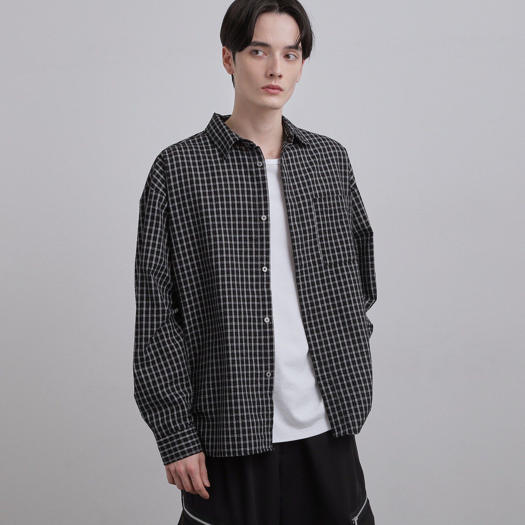 tk.TAKEO KIKUCHI「シアサッカーチェックシャツ」|シャツ・ブラウス|ブラック(219)