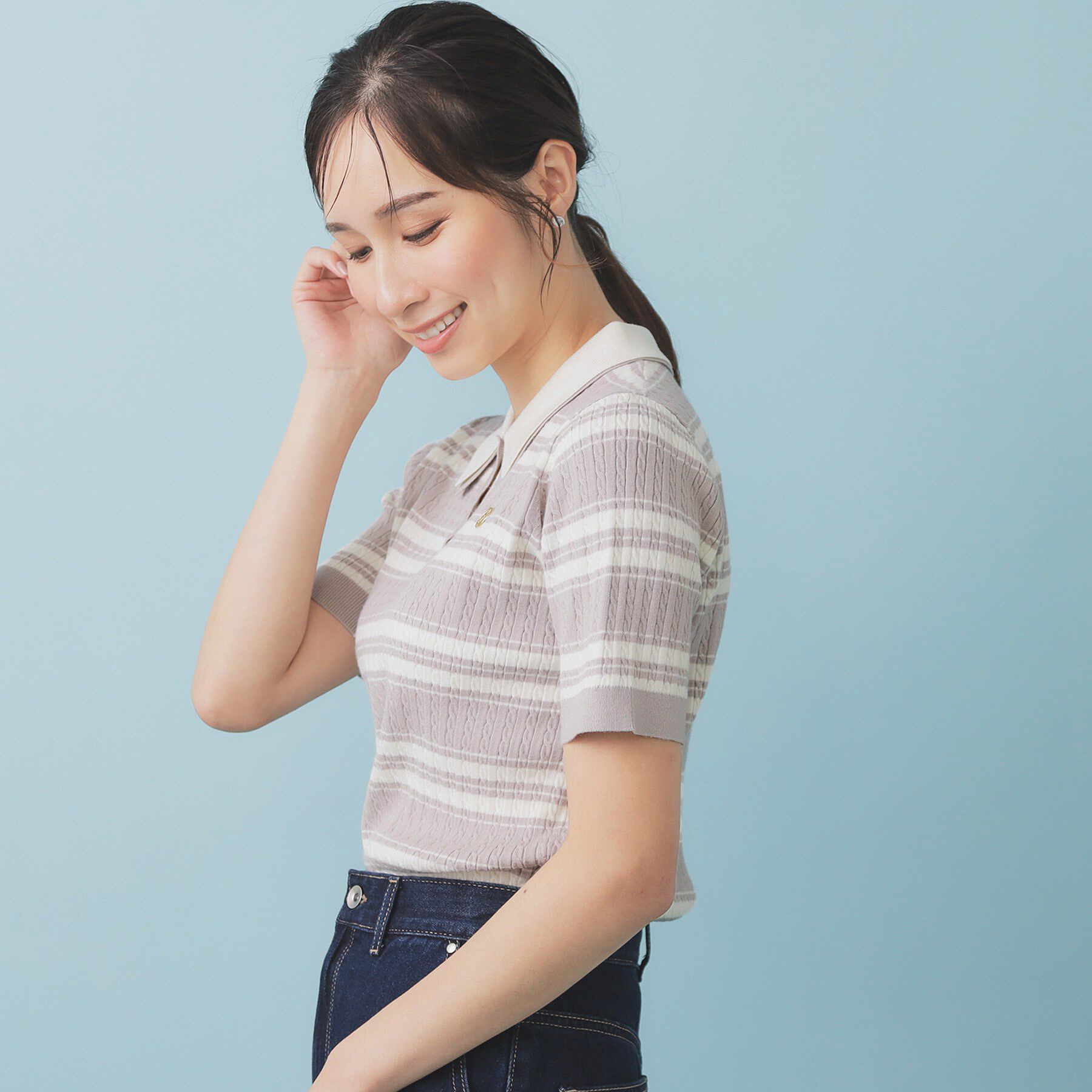 index「ランダムボーダーケーブルポロニット【洗濯機洗い可/抗ピル】」|ニット・セーター|