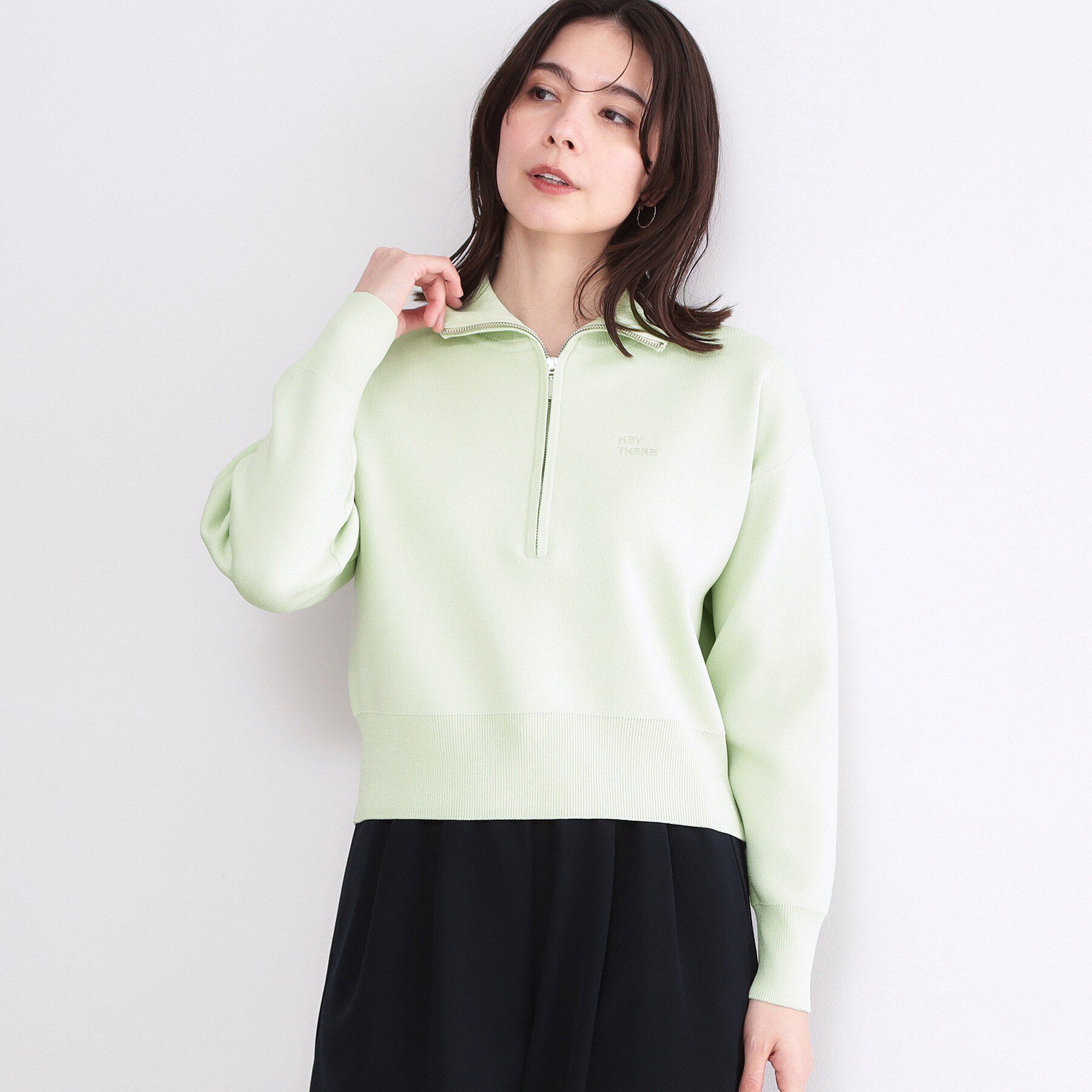 OPAQUE.CLIP「ハーフZIP刺繍ロゴニット【洗濯機OK】」|ニット・セーター|ライトグリーン(02
