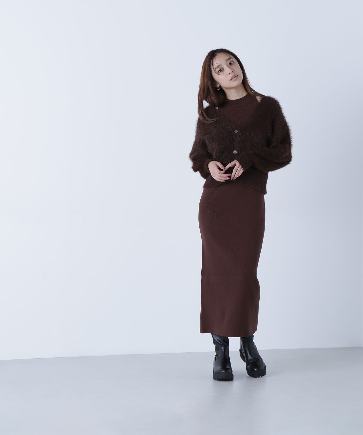  「シャギーカーデセットニットワンピース」|ワンピース|