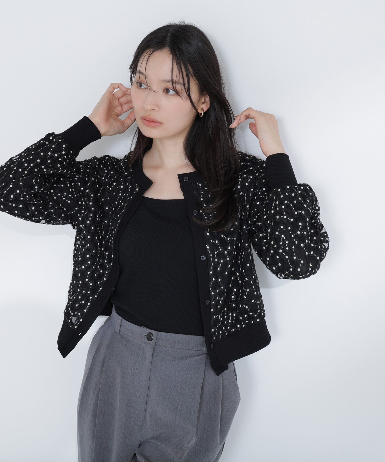  「フラワーチュール刺繍カーディガン」|ニット・セーター|ブラック