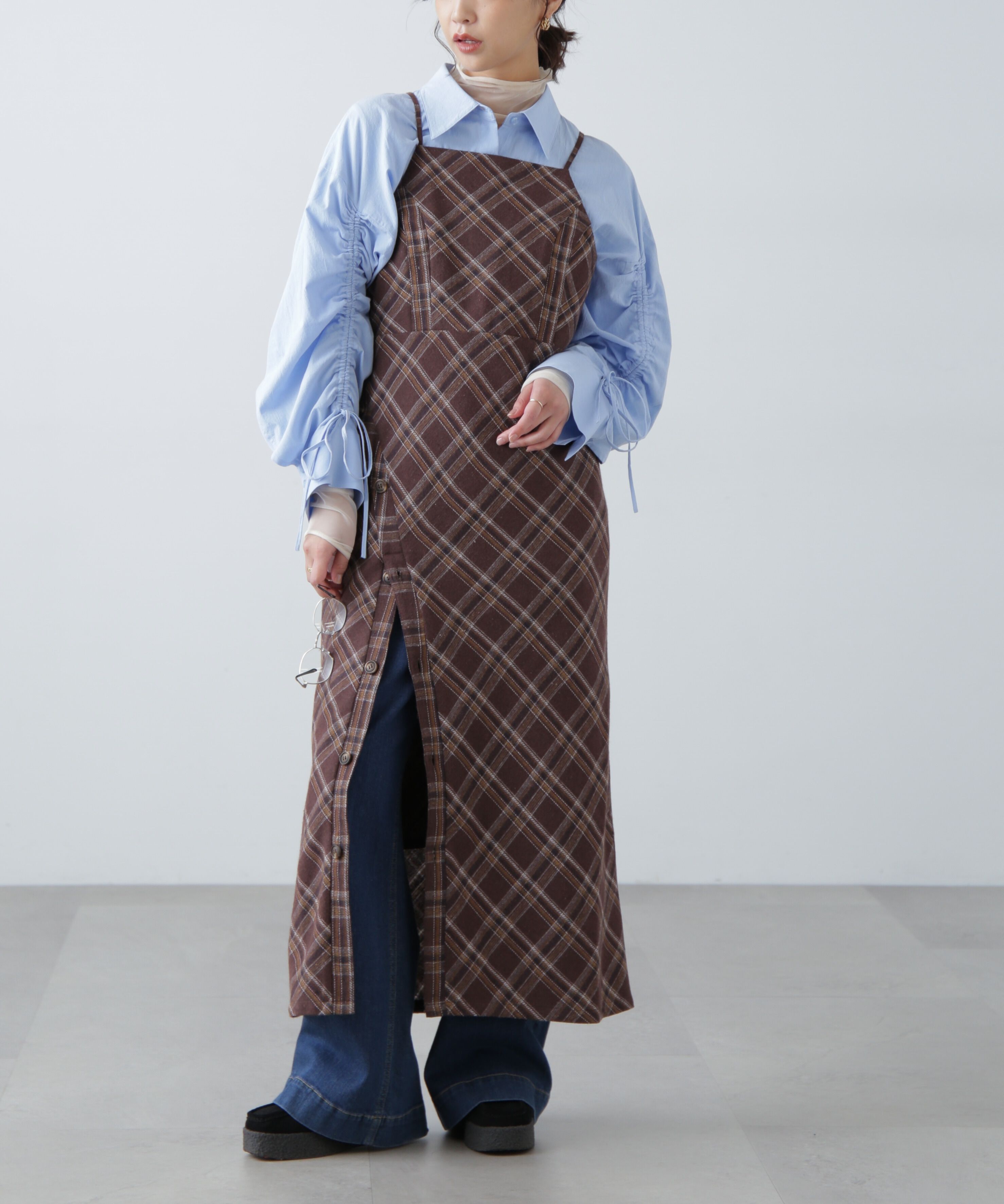  「ボタンスリットチェックキャミワンピース」|ワンピース|