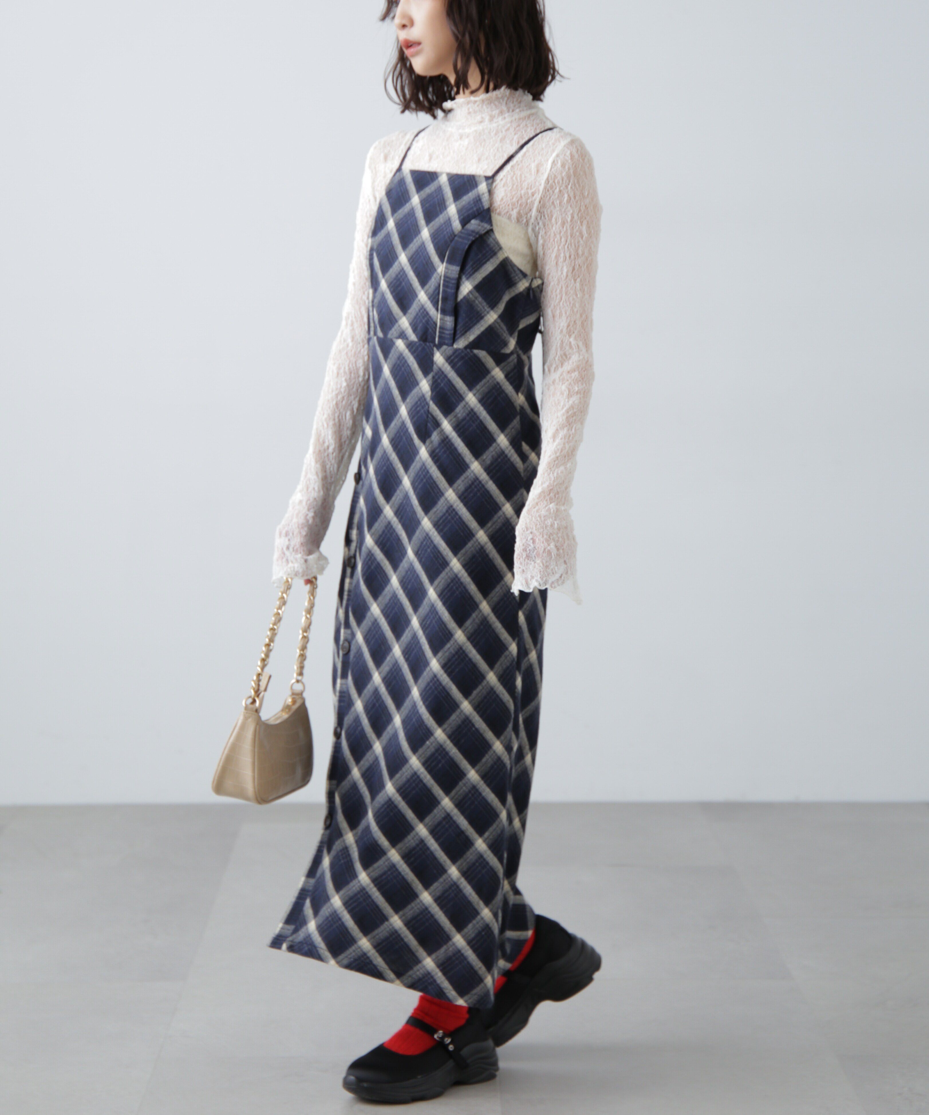  「ボタンスリットチェックキャミワンピース」|ワンピース|ネイビーベー 1