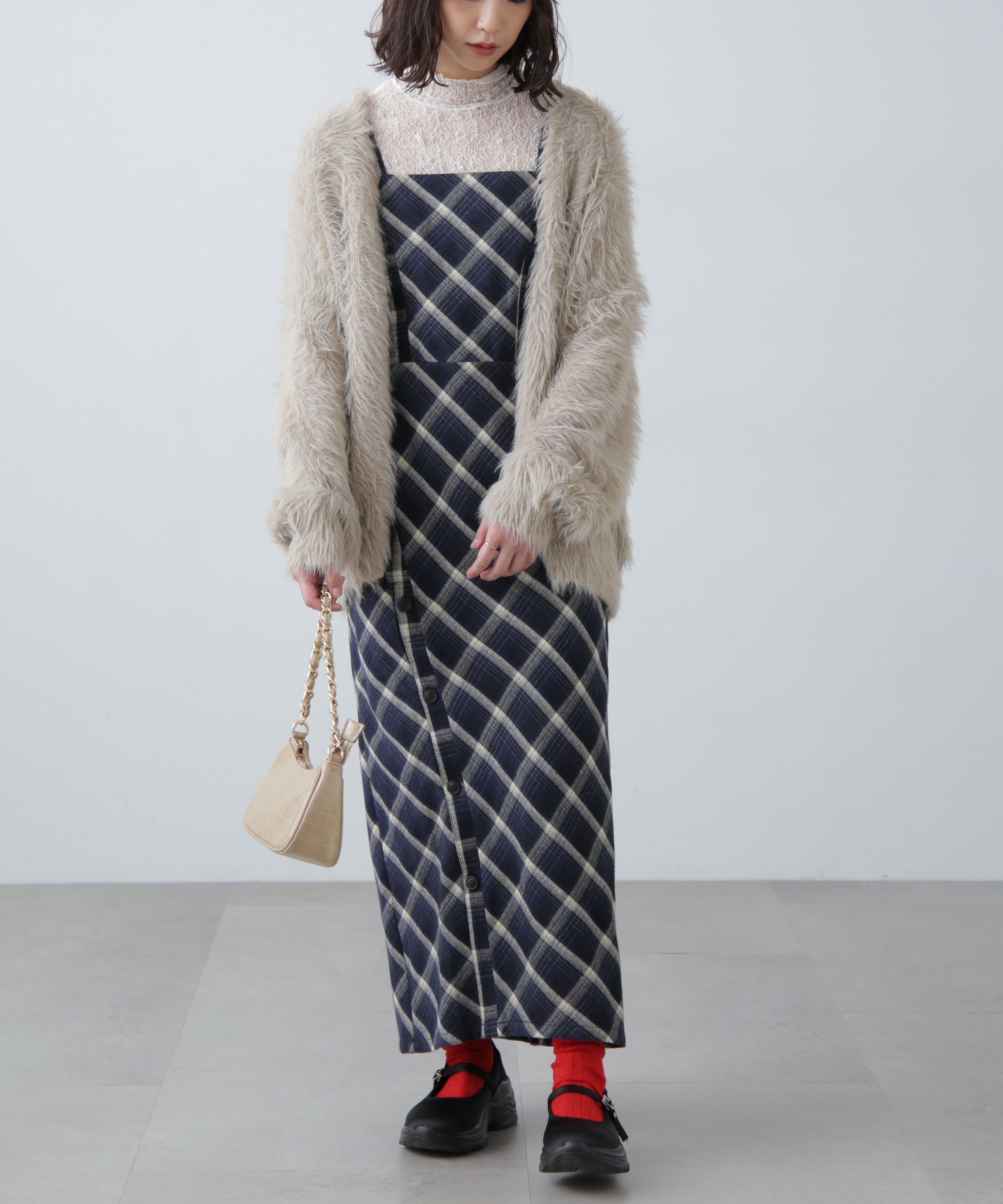  「ボタンスリットチェックキャミワンピース」|ワンピース|