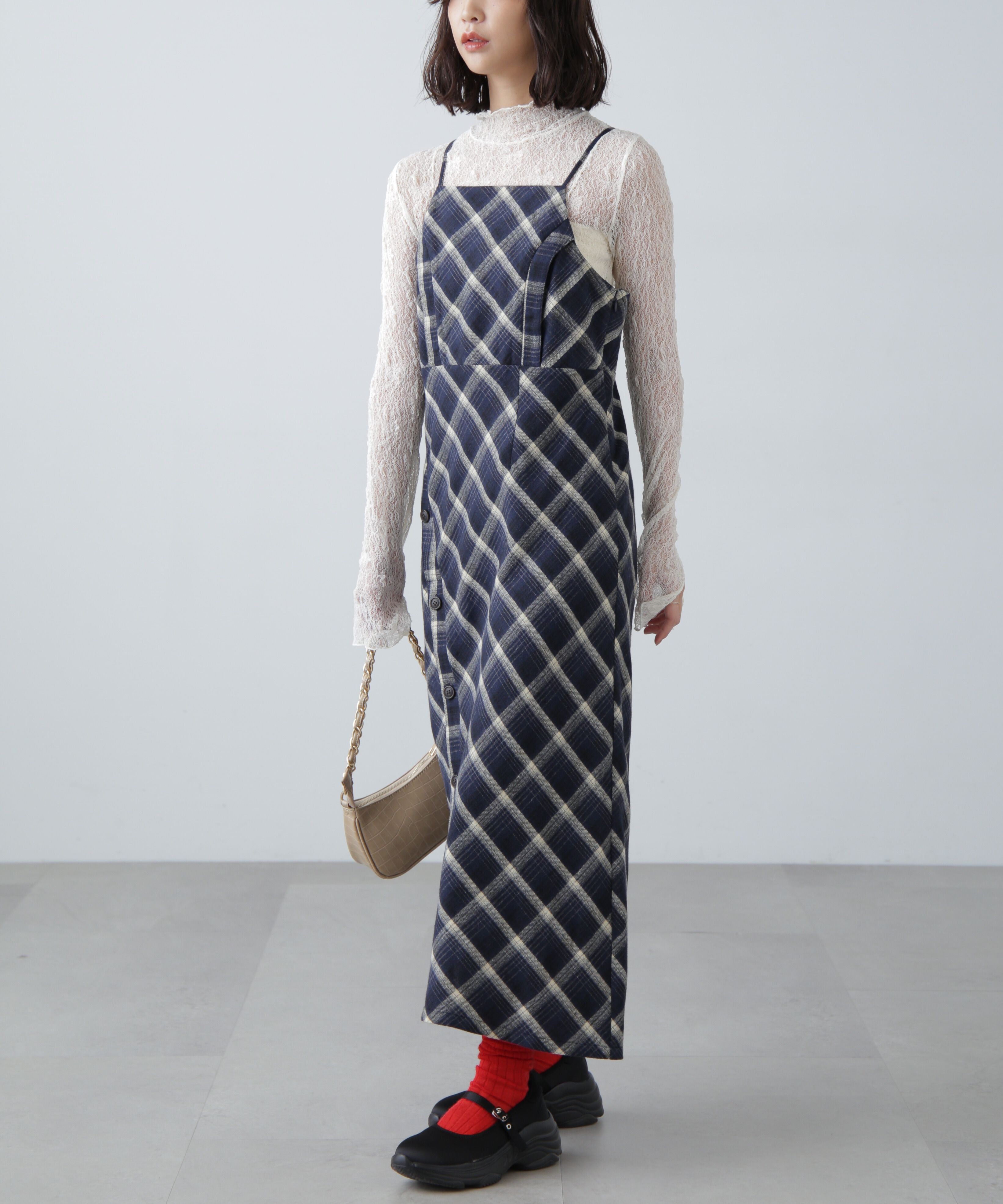  「ボタンスリットチェックキャミワンピース」|ワンピース|