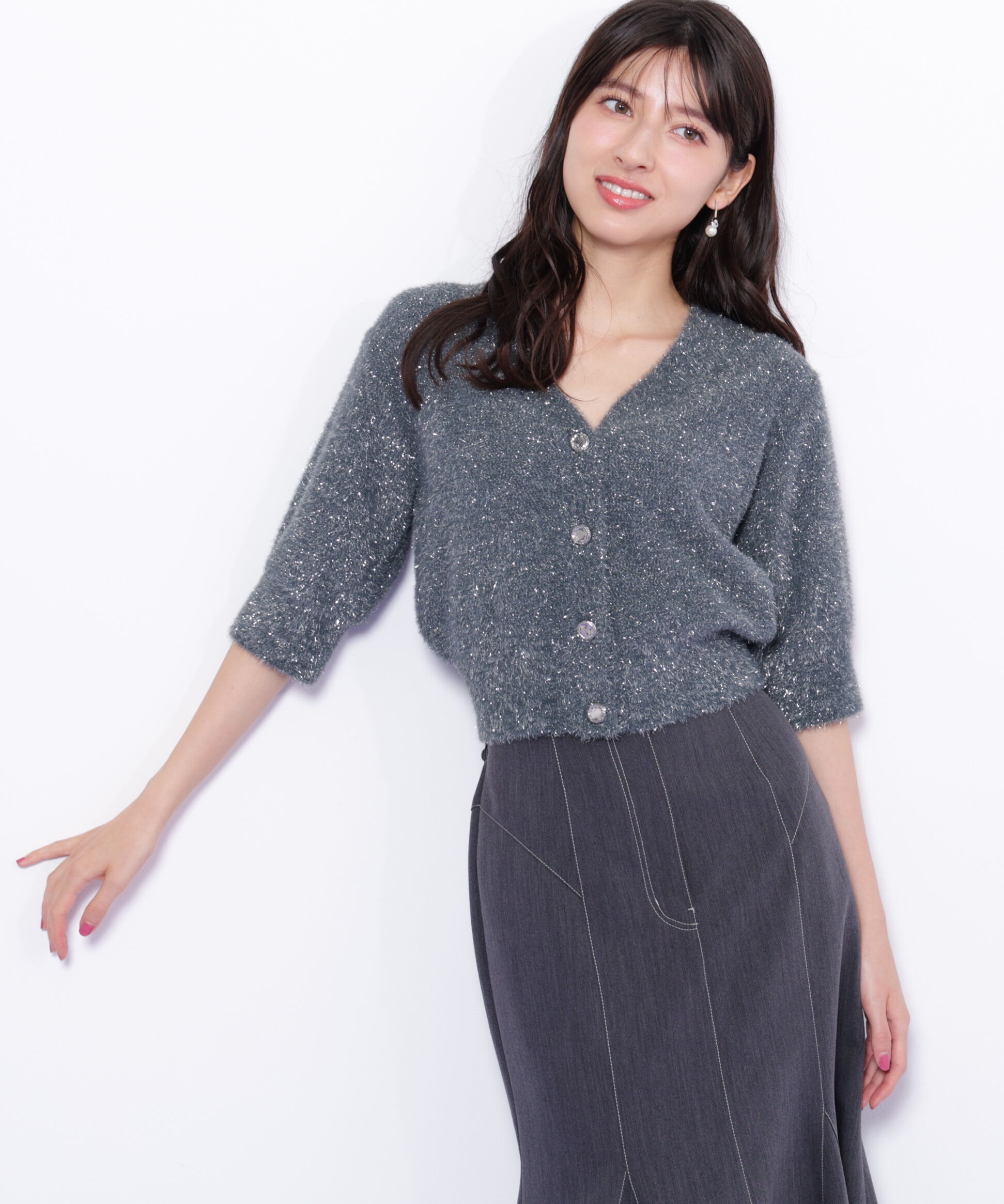  「ラメフェザー半袖カーディガン」|ニット・セーター|