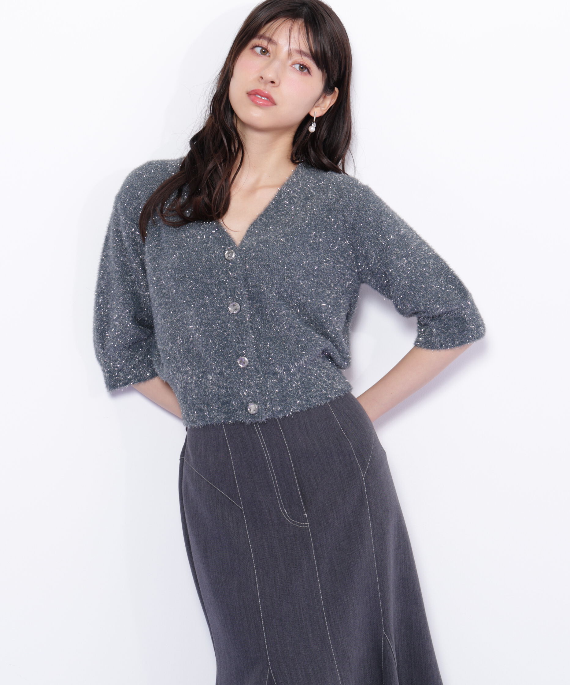  「ラメフェザー半袖カーディガン」|ニット・セーター|