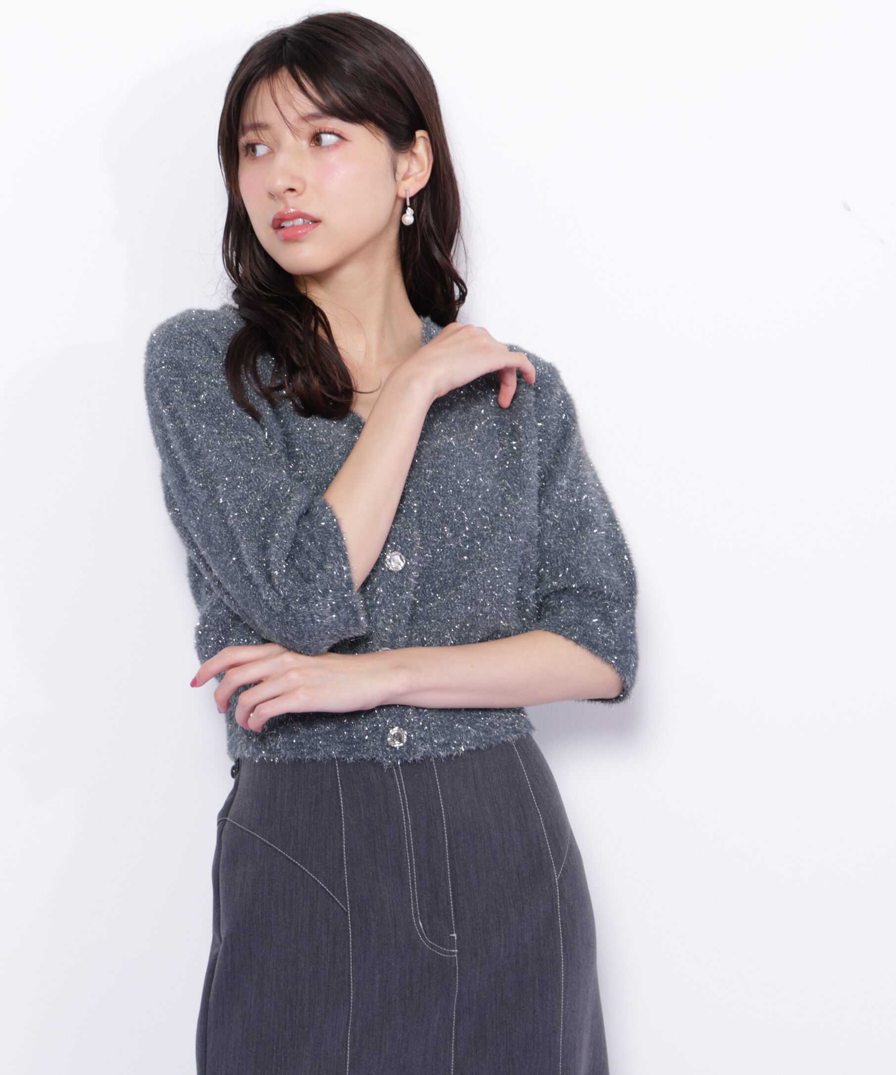  「ラメフェザー半袖カーディガン」|ニット・セーター|