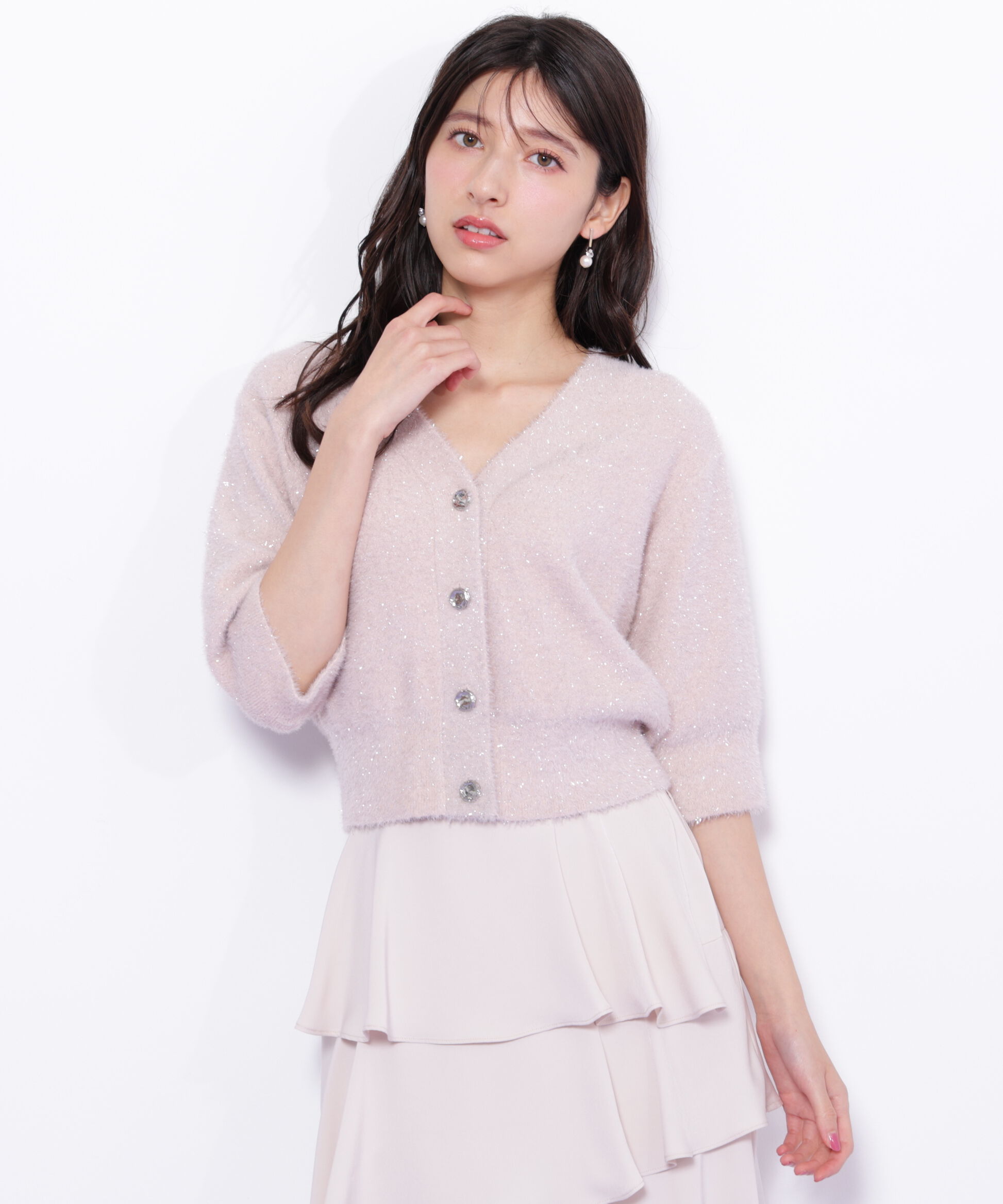  「ラメフェザー半袖カーディガン」|ニット・セーター|