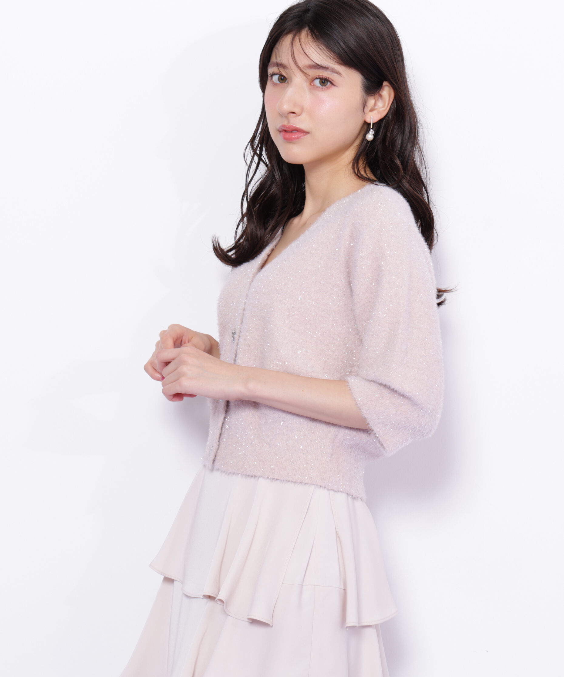  「ラメフェザー半袖カーディガン」|ニット・セーター|