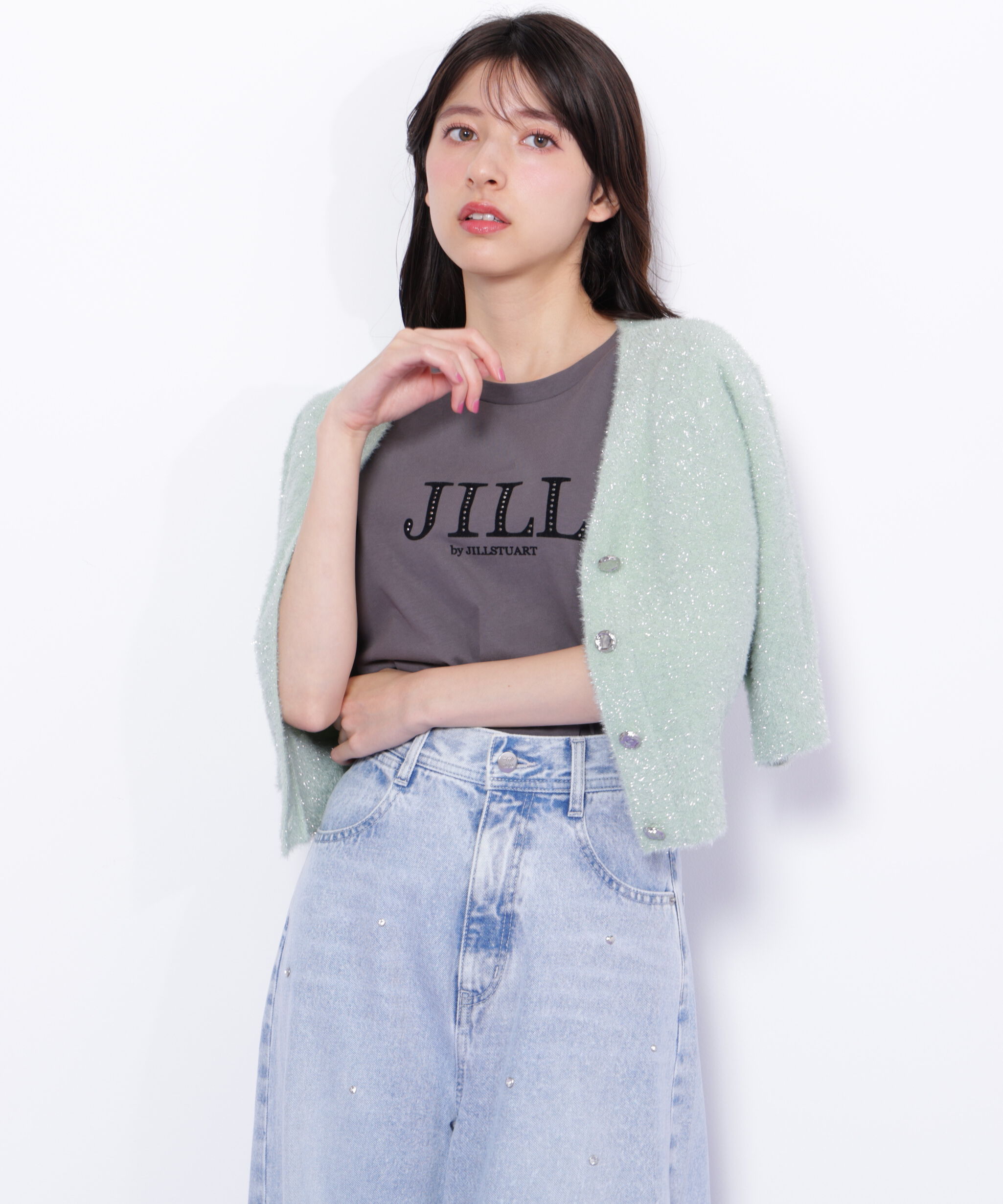  「ラメフェザー半袖カーディガン」|ニット・セーター|グリーン