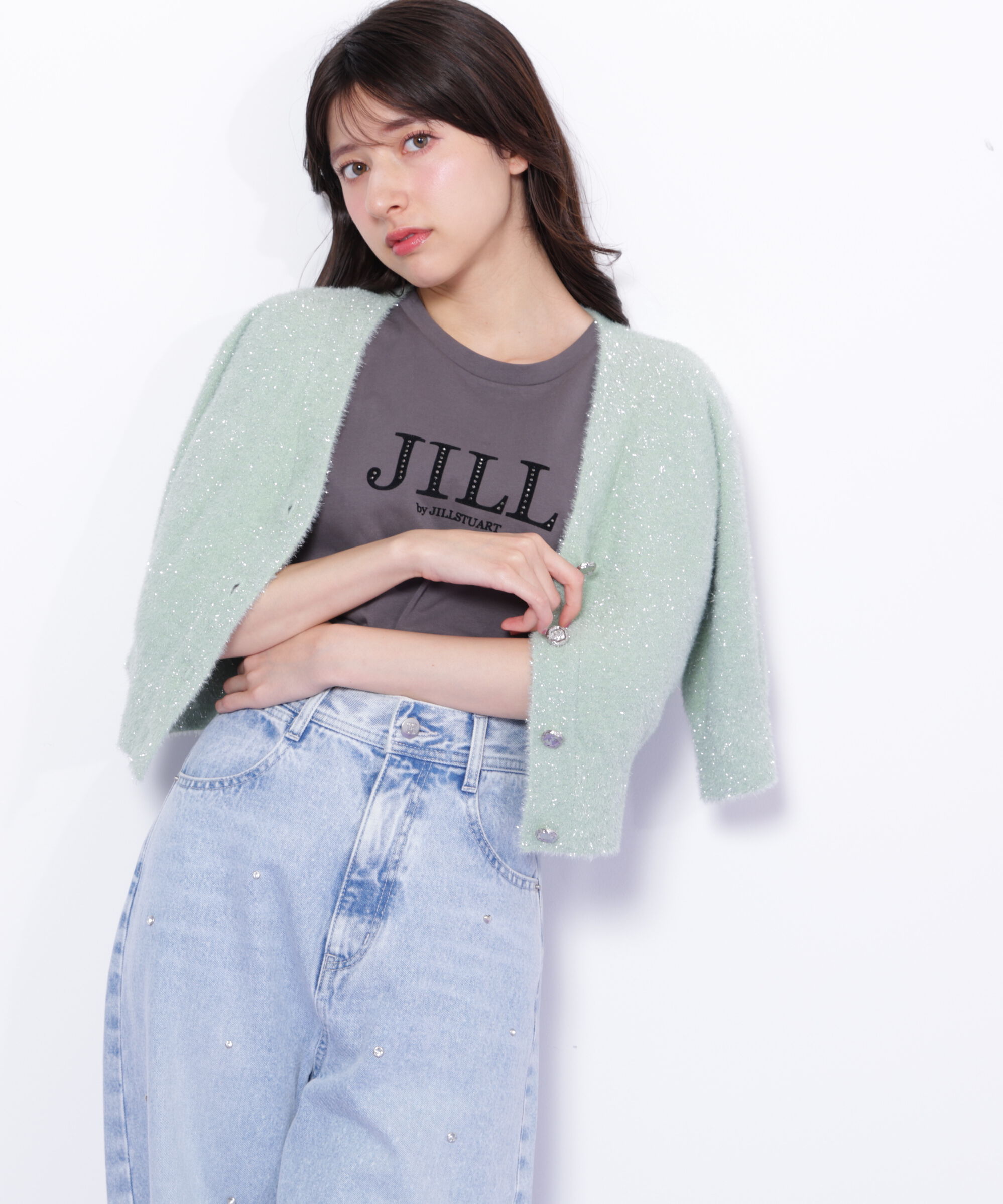  「ラメフェザー半袖カーディガン」|ニット・セーター|