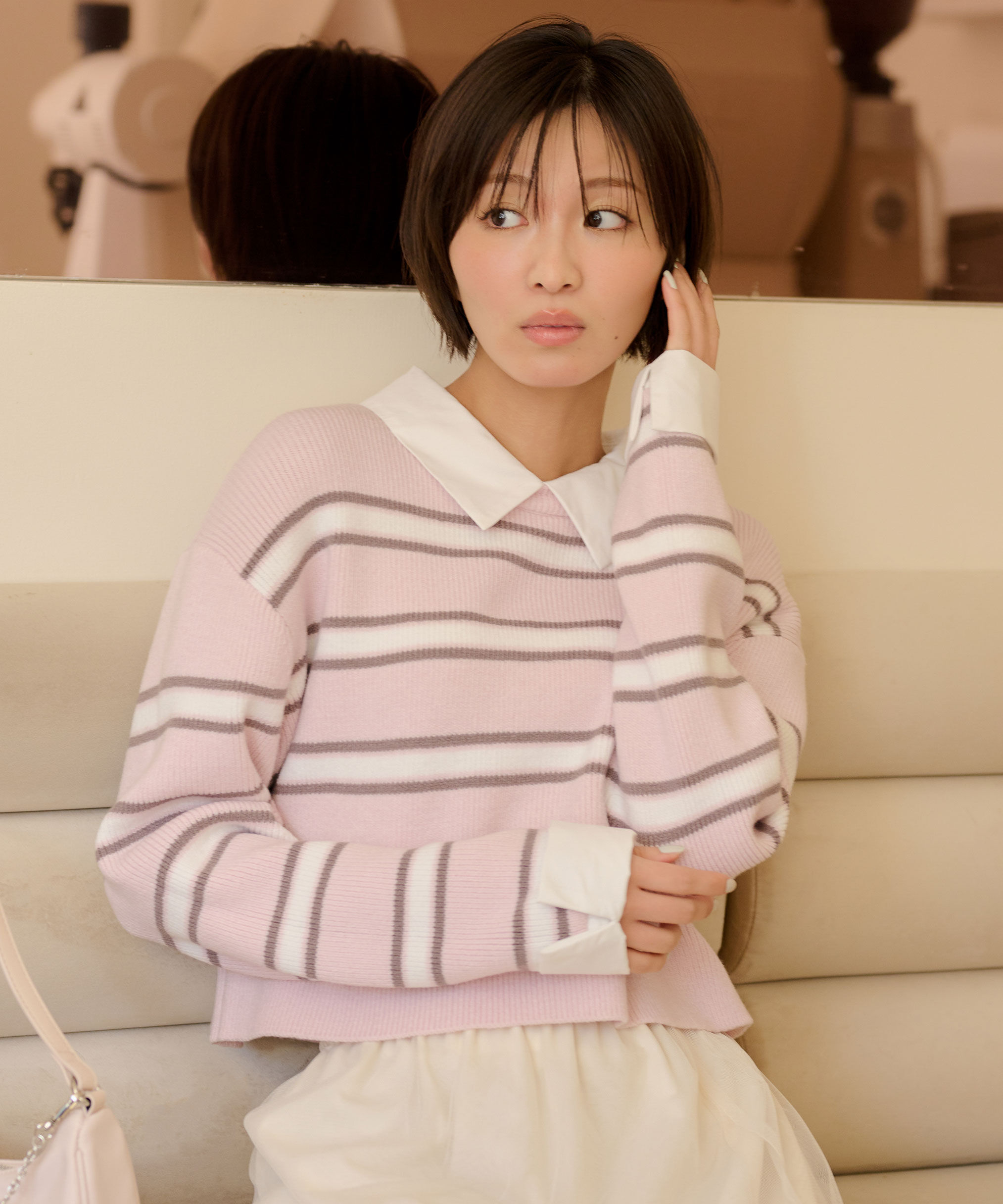  「衿付きクロップドゆるニット」|ニット・セーター|ピンクボーダ 1