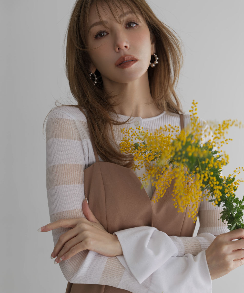  「［美香さん着用］リブシアーボーダーカーディガン」|その他|ホワイト