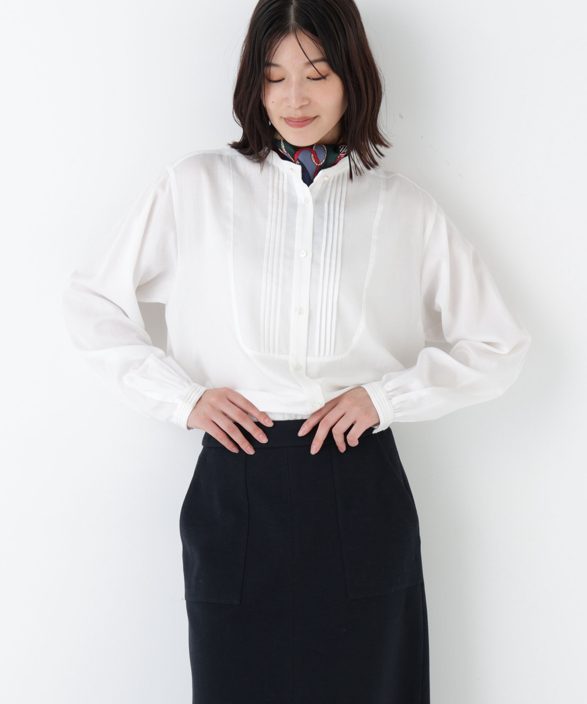  「◆ピンタックバンドカラーブラウス」|シャツ・ブラウス|ホワイト