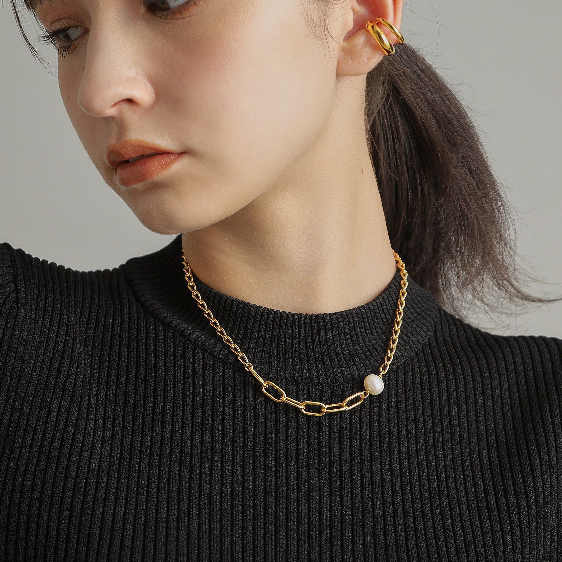 COCOSHNIK ONKITSCH「シルバー ミックスチェーン ロングカーブ・ケーブル パールネックレス GP」|ネックレス|