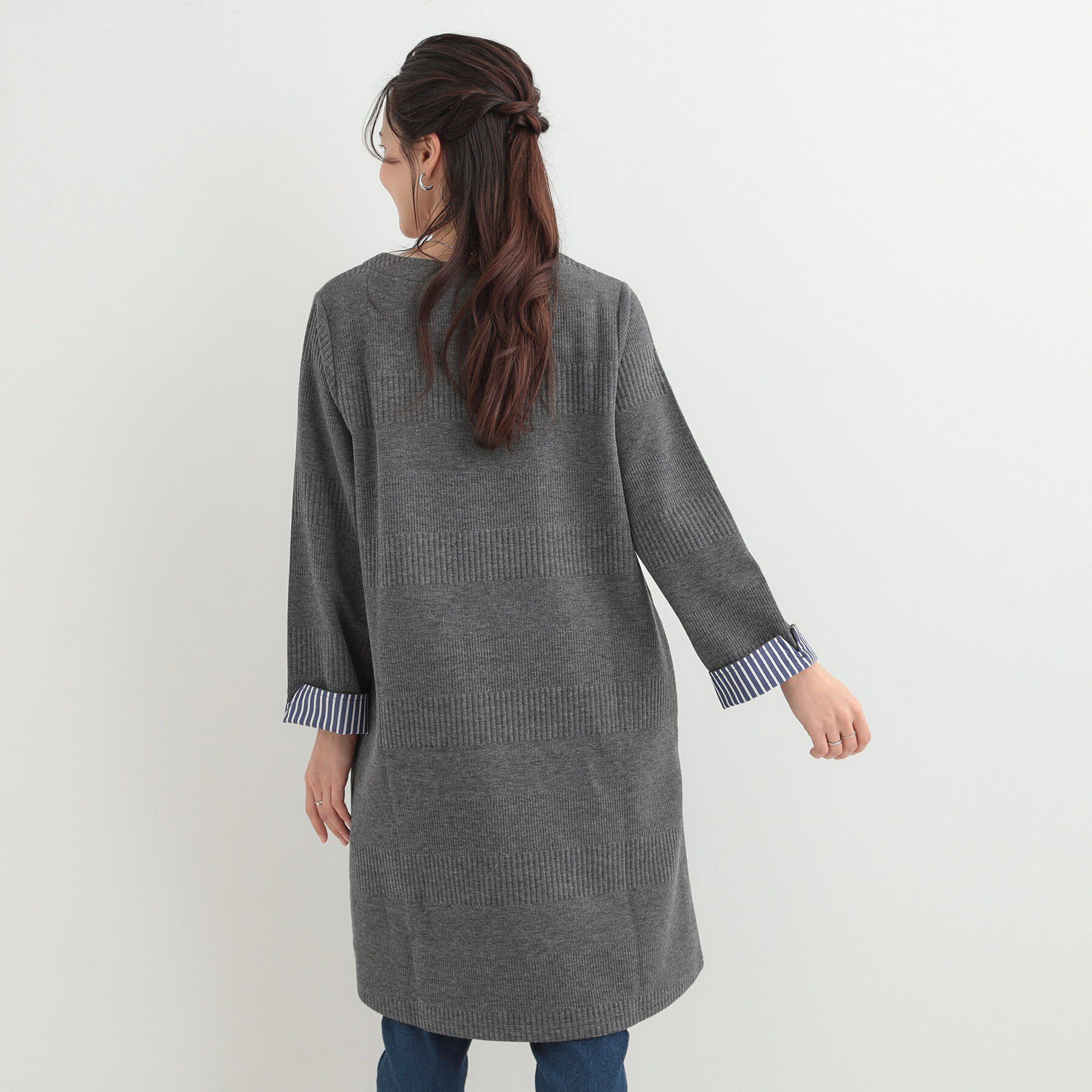 SHOO･LA･RUE「【体型カバー/洗濯機可/S-LL】お袖ストライプAラインチュニック」|チュニック|