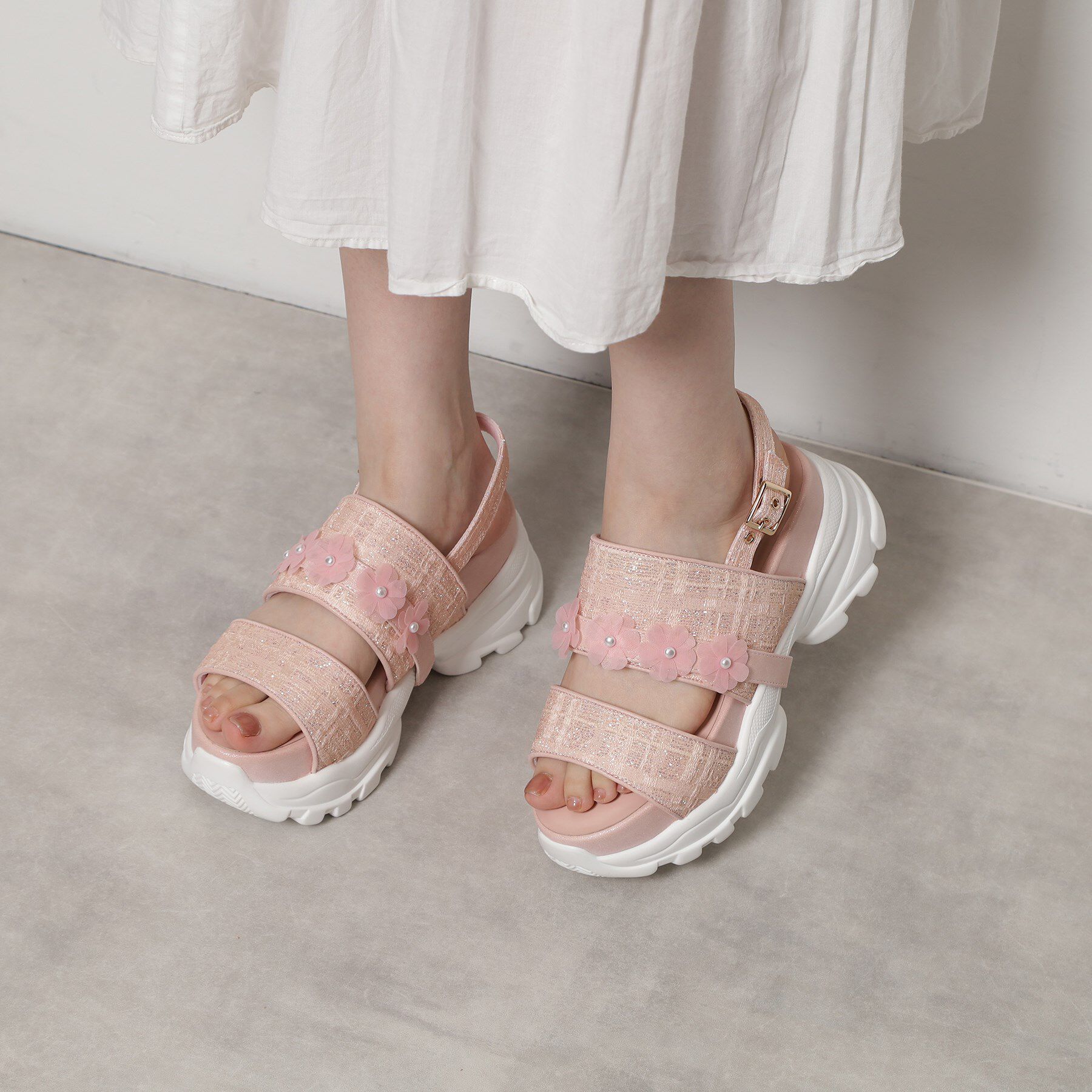 ESPERANZA「ツイード風フラワーベルトスポサン」|サンダル|