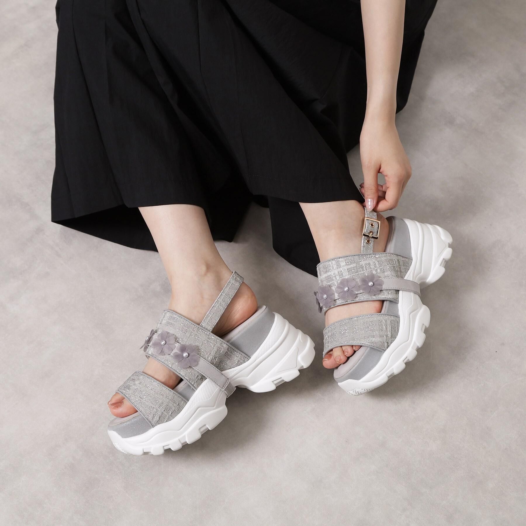 ESPERANZA「ツイード風フラワーベルトスポサン」|サンダル|グレー(012)